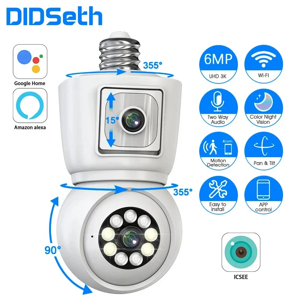 

DIDSeth 6MP E27 Camera Light Bulb Dual Lens Camera Auto Tracking Full Color Night Vision Two-way Audio Security IP Camera