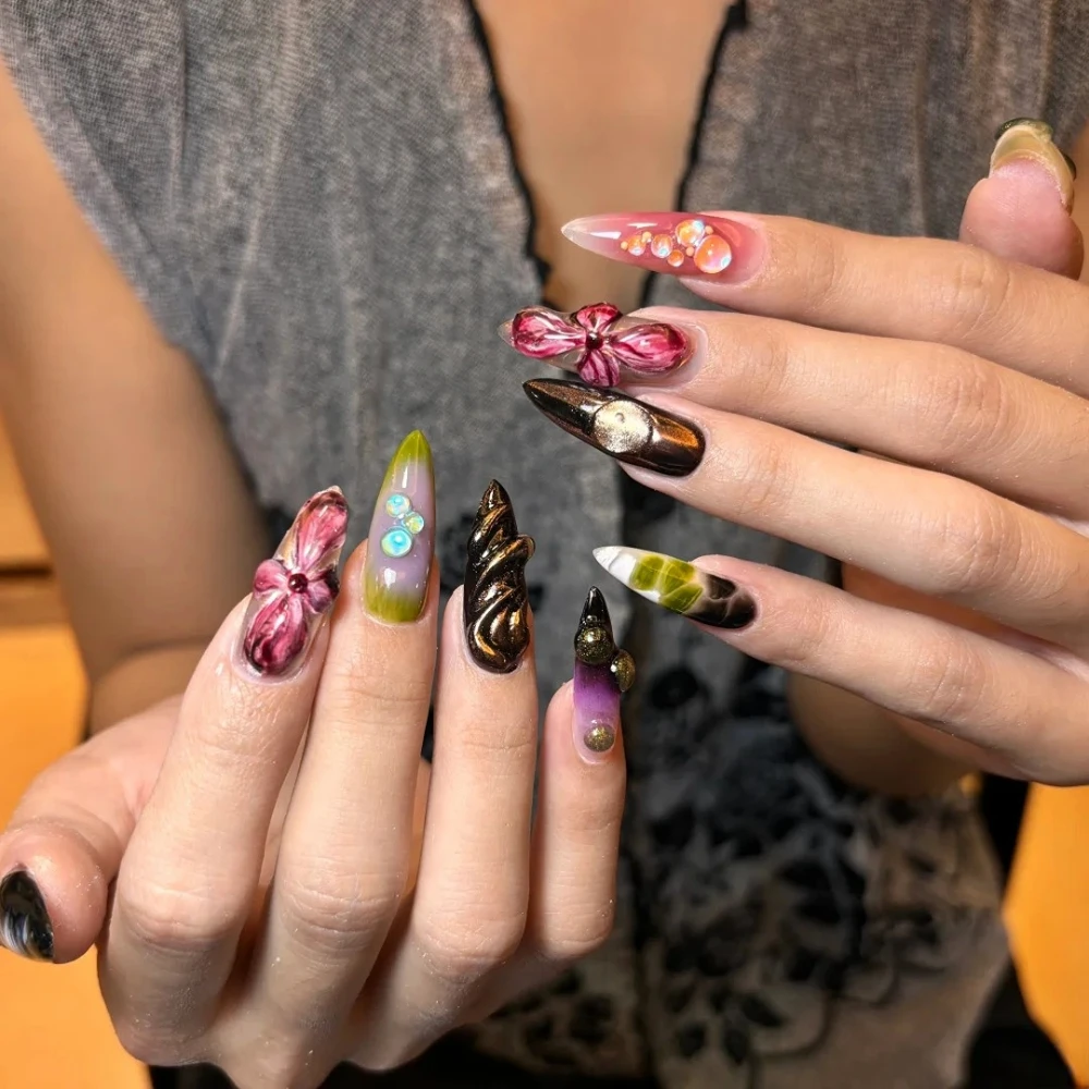 10Pcs Handmade Manicure Long Almond Fake Nails 2024 Cute Ballet Limited Nails Press On Nails Design with Adhesive Nail File Set