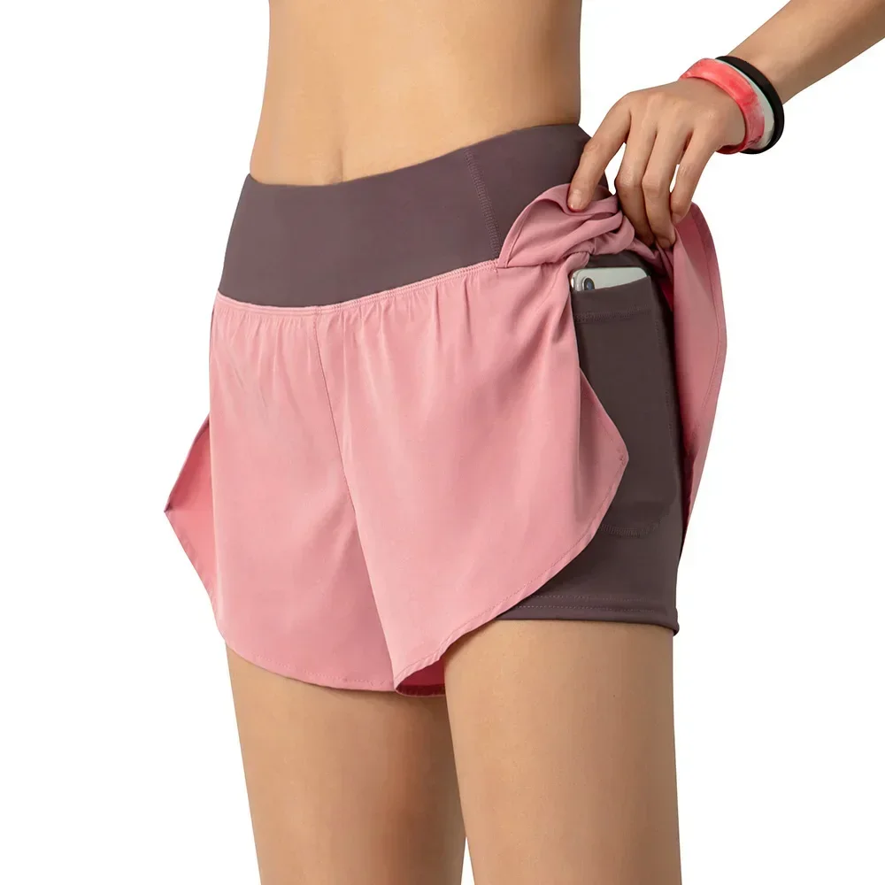 Women Running Shorts 2-in-1 with Pocket Wide Waistband Coverage Layer Liner Lounging Sports Yoga Leggings Gym Fitness Shorts