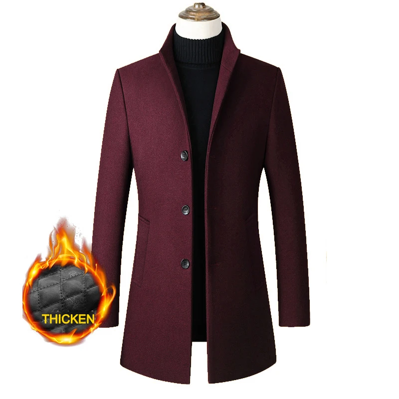 Winter Jacket Men Wool Coat Oversized Solid Stand Collar Thicken Business Casual Overcoat Men\'s Clothing Woolen Pea Coat