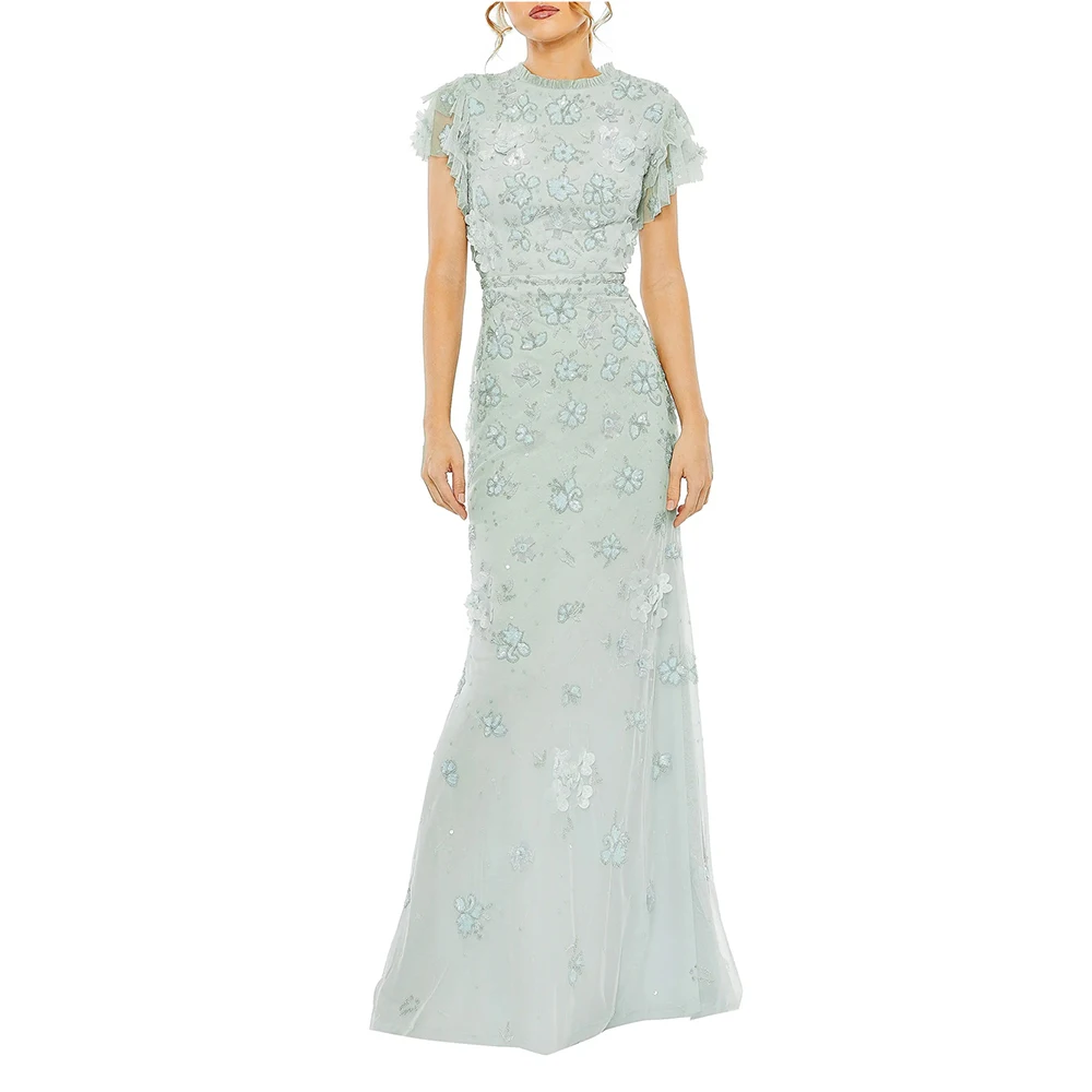 

Women's Formal Evening Gowns Floral Appliqué Short Sleeve Mermaid Evening Dress Elegant Formal Party Dresses Luxury Formal Gowns