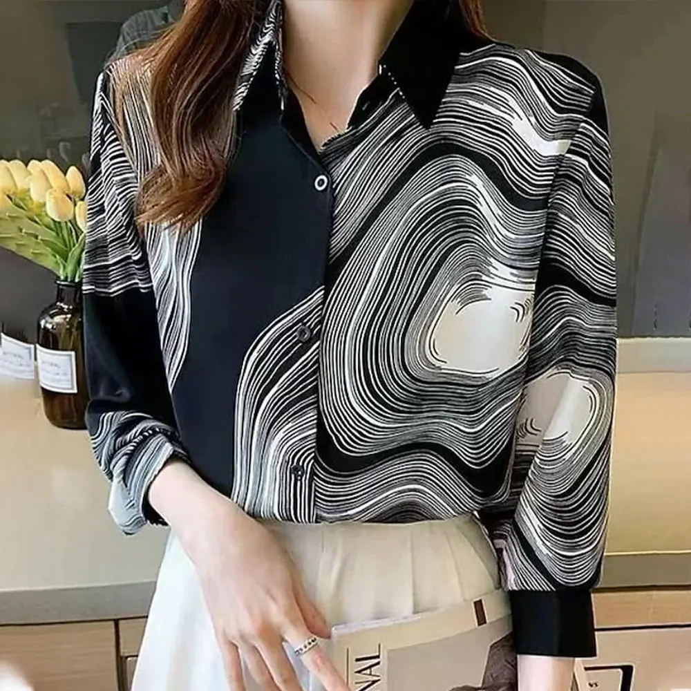 3D Texture Printed Women\'s Long Sleeve Shirts Fashion Lapel Single Breasted Sexy Tops For Office Ladies Elegant Fashion Clothing