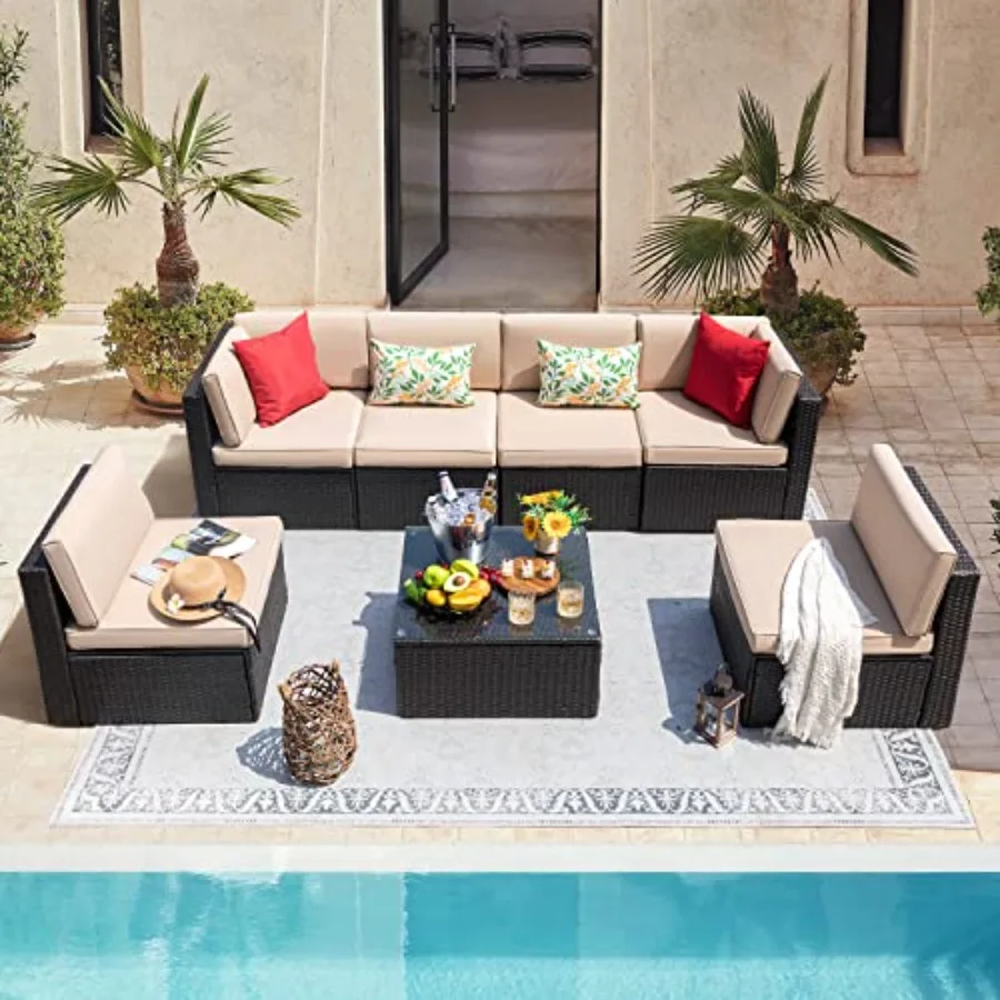 Outdoor sectional sofa set for patio use, hand-woven wicker rattan in beige, weather-resistant cushions and tempered glass tabl
