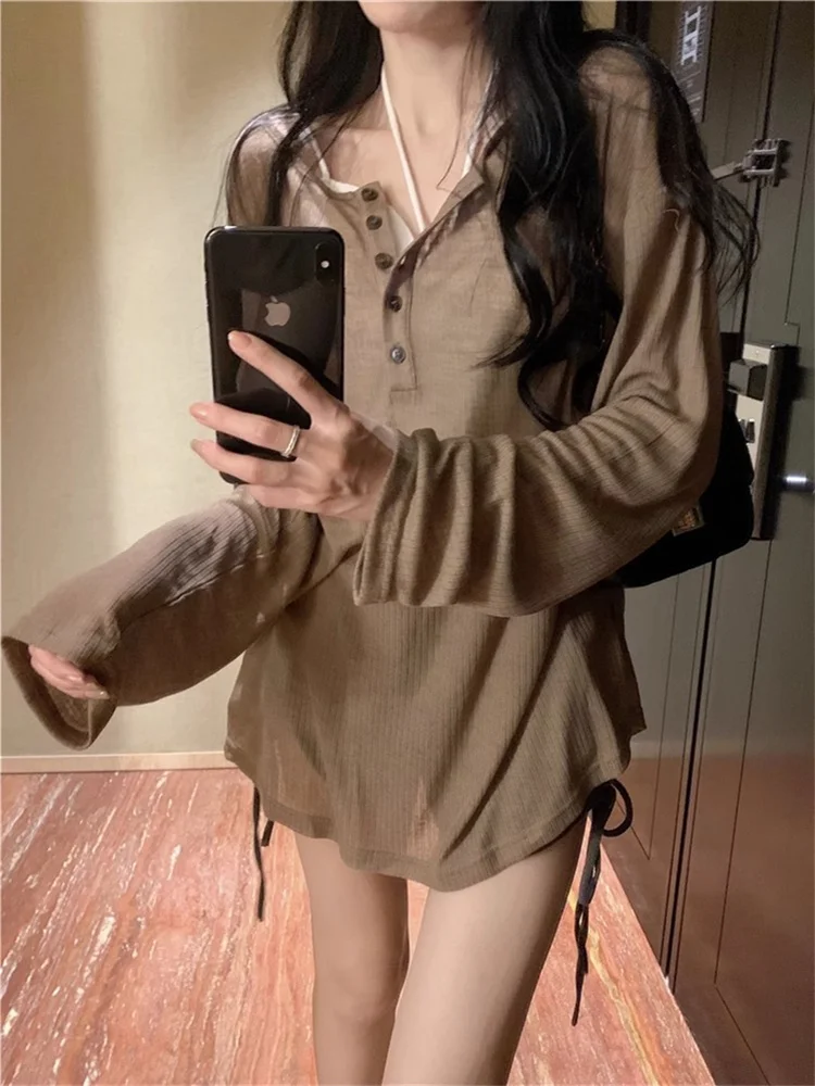 Summer Thin Long Sleeve Sun Protection Shirt Women's Loose Top Air Conditioning Outerwear T-Shirt Cover up Butt Cover