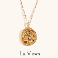 La. Muses Colored Cubic Zirconia Star Moon Texture Pendant Stainless Steel Retro Luxury Necklace Waterproof Jewelry Gift