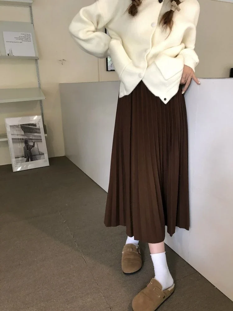 Skirts Women Trendy Pleated Midi All-match Faldas De Mujer Feminine High Waisted Preppy Style Temperament Popular Korean Solid