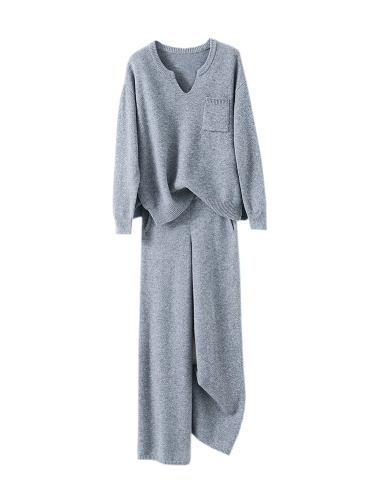 

Solid Color Casual Loose Set Women V-Neck Pocket Pullover Wool Pants Suit Autumn Winter 100% Merino Wool Knitwear Chic Clothing