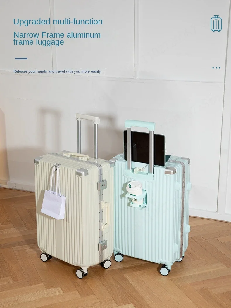 20 24 26 inch Aluminum Frame Suitcase Multifunctional ABS Carry on Luggage with Cup Holder USB Port Zipper Trolley Case