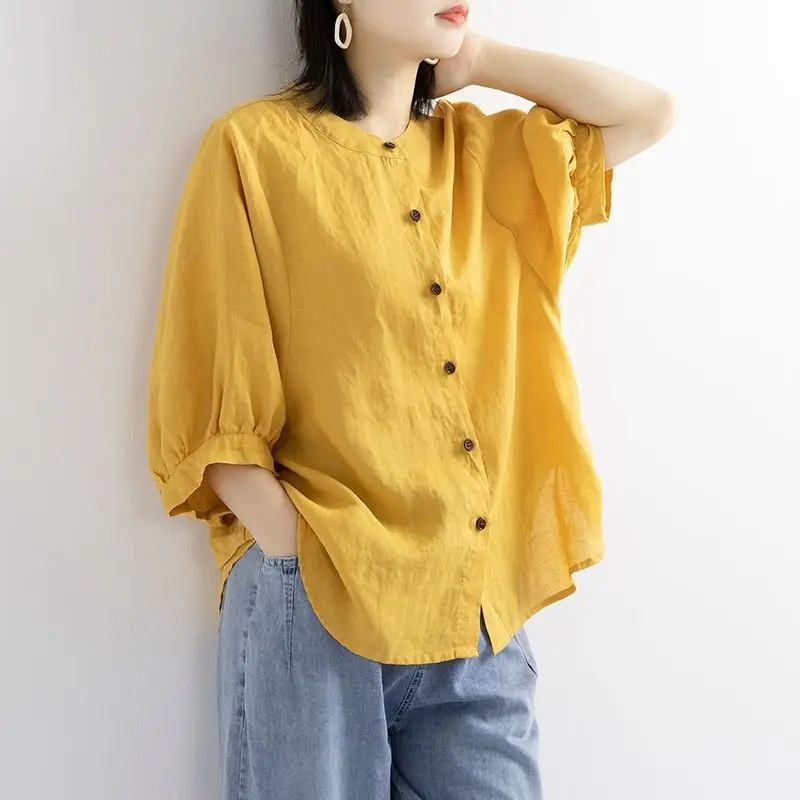 Summer New Large Women\'s Cotton Hemp Round Neck Pullover Shirt Lantern Sleeve Vintage Fashion Loose Slim Female Clothing Tops