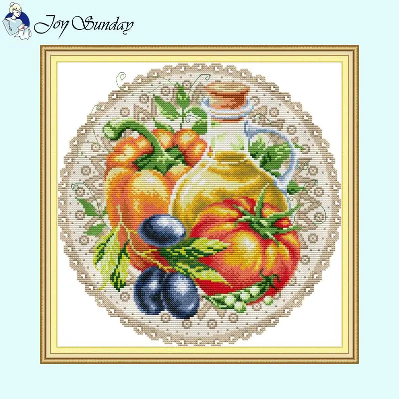 Flower Basket and Round Fruit Series Cross Stitch Kit Aida 14ct 16ct HD Printed Fabric Embroidery Set DIY Home Decoration Crafts