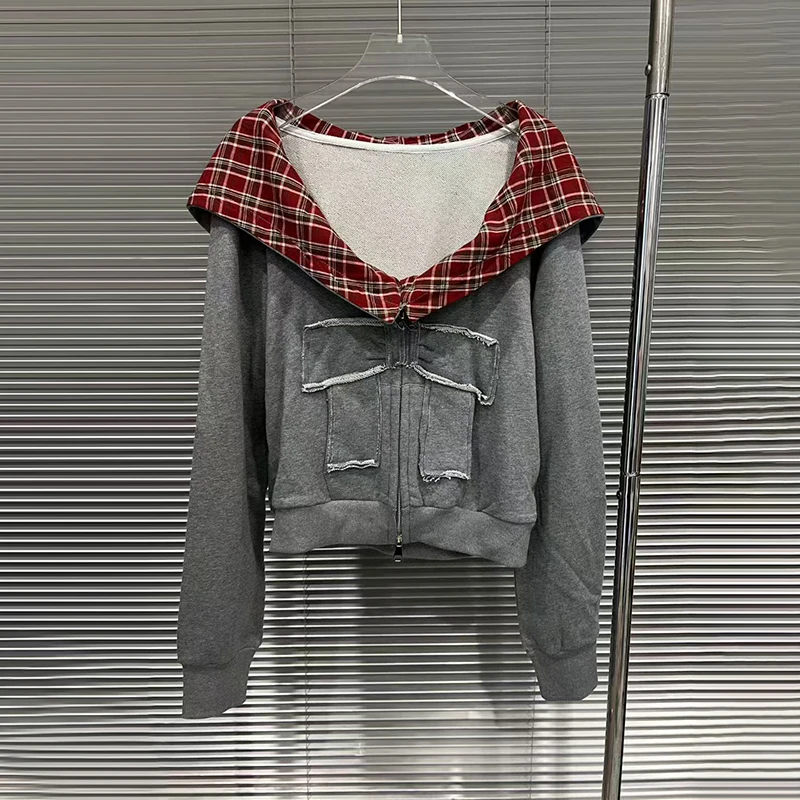 KBQ Solid Spliced Zipper Casual American Retro Coats for Women Hooded Long Sleeve Patchwork Pockets Chic Coat Female Fashion New