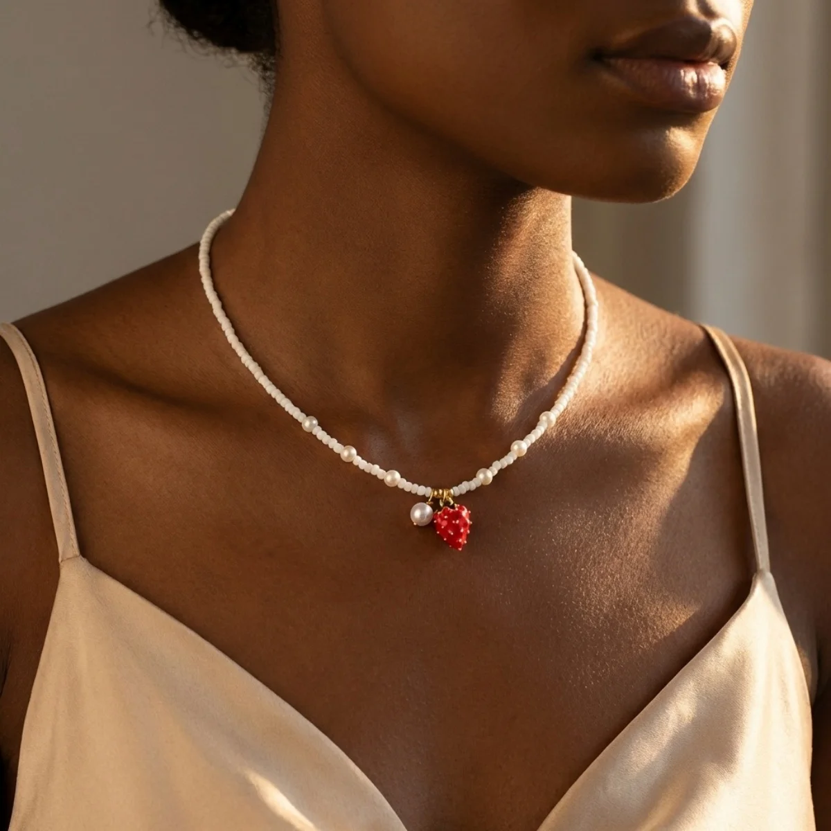 Reisperlen-Erdbeer-Anhänger-Halskette für Damen und Herren, süße, niedliche Kirsch-Herz-Schleifen-Quasten-Halskette, Y2K-Sommer-Modeschmuck – Detail 6