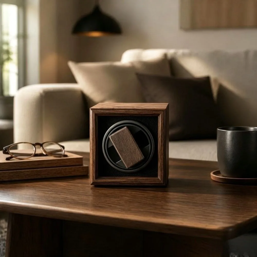 USB-betriebener automatischer Uhrenbeweger mit geräuscharmem Motor, Holzgehäuse, rotierende Uhrenbox, vollautomatisch, Einzelposition – Detail 13