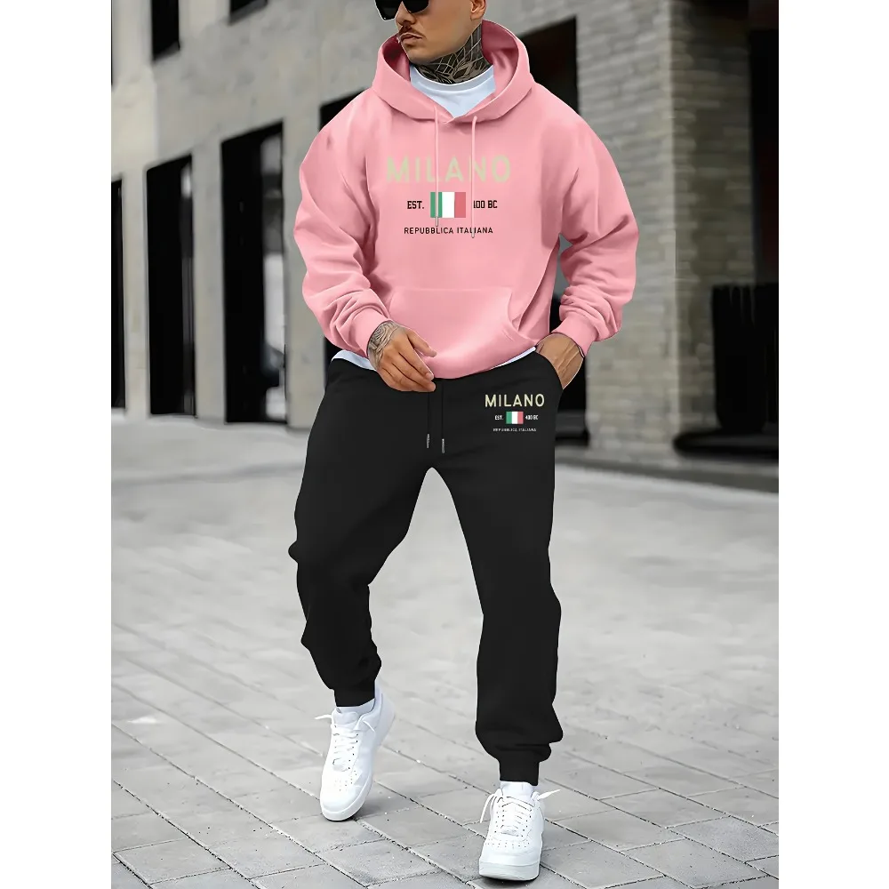 Men'S Hooded Sweatshirt and Sweatpants Set, Sports Tracksuit Pattern, Winter Jogging Suit with Pockets Fitness Workout Clothing