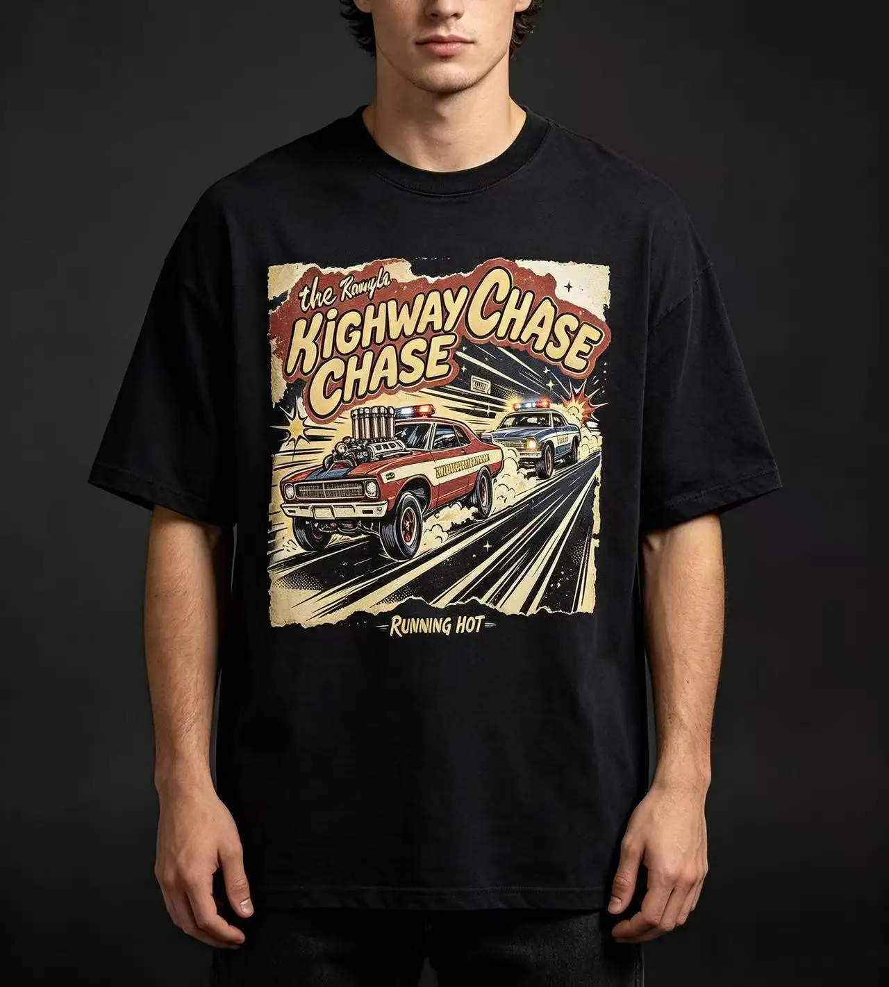 Unisex Highway Chase Running Hot Vintage Muscle Car Police Chase Retro Poster Graphic T Shirt Men Women Classic Racing Print Oversized Crew Neck Tee