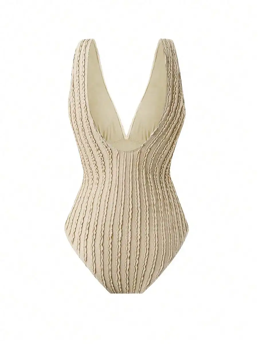 

Textured V-Neck Sleeveless Backless One-Piece Swimsuit Beige Summer Beach Wear