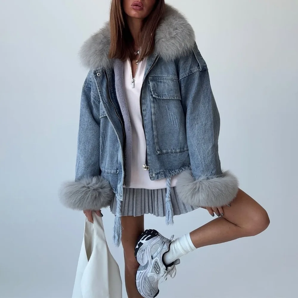 

Джинсовое пальто с мехом Y2K в стиле ретро, осенне-зимняя женская модная свободная толстая теплая ветрозащитная повседневная офисная походная повседневная джинсовая куртка