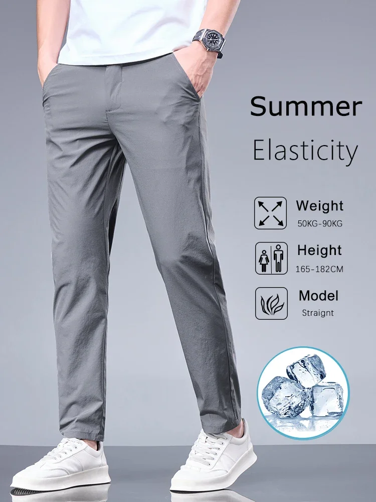 

Summer New Business Ice Silk Pants Straight Elastic Waist Black Gray Trousers Breathable Simple Male Clothing Casual Suit Pants