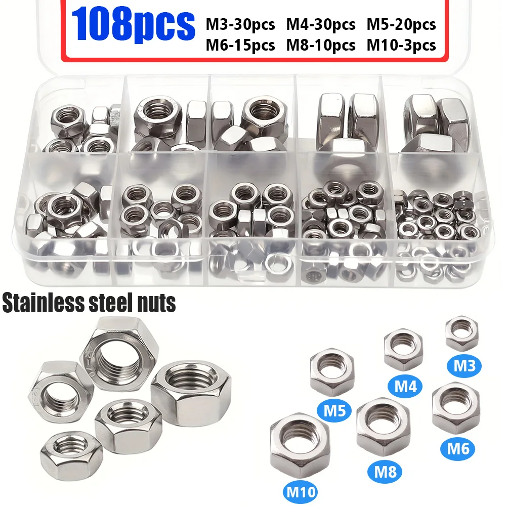 Set da 108 pezzi di dadi esagonali in acciaio inossidabile M3 M4 M5 M6 M8 M10, accessori per attrezzature industriali, manutenzione di strutture domestiche.