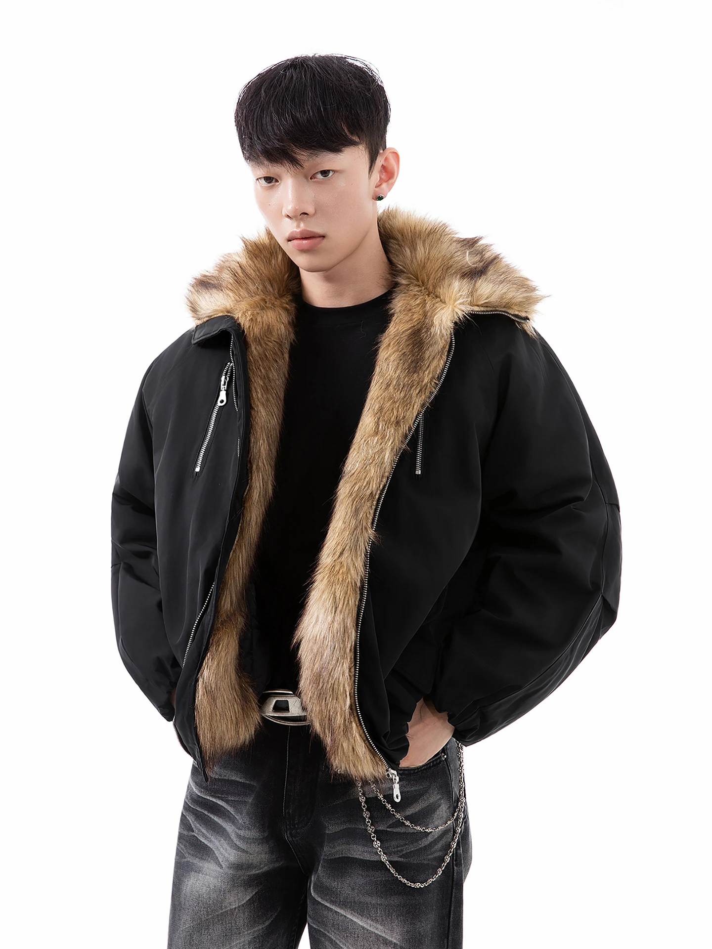 

Men's Thiened Cotton Jaet Quilted Fluffy Collar Loose Fit Warm Winter Coat Polyester Fiber Long Sve Zipper Closure
