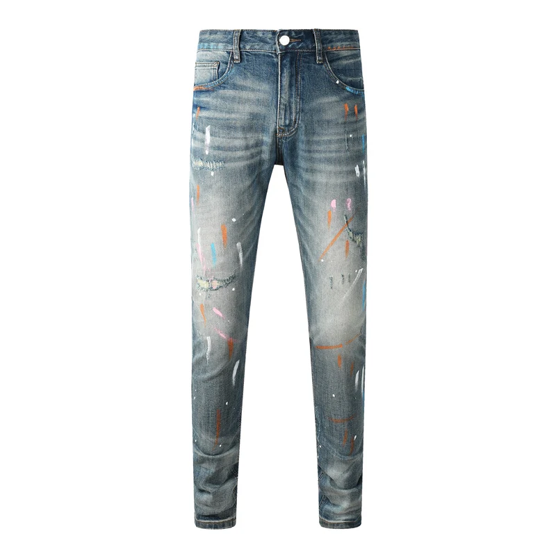 Men Light Blue Whisker Washed Colorful Brush‑Stroke Paint Mark Distressed Stretch Skinny Denim Jeans Hip‑Hop Streetwear Denim Je