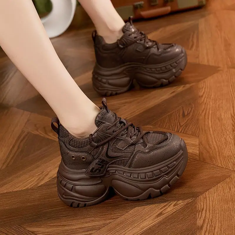

True Leather Thick Bottom Dad Shoes Women's New Style Laced Versatile Sports Shoes Platform Heightening Casual Fashion Sneakers