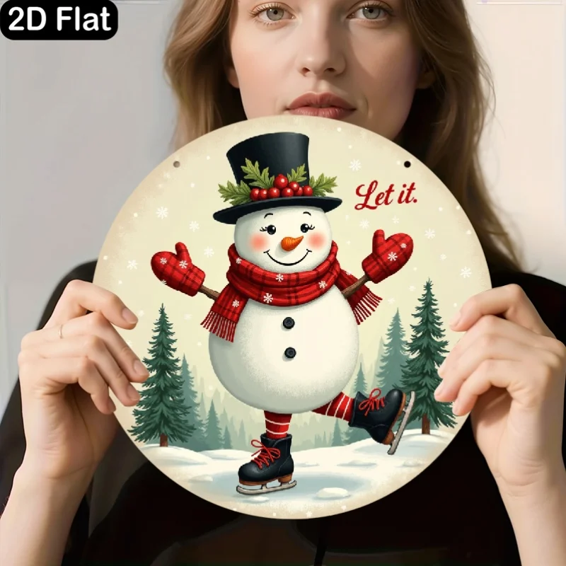 رجل الثلج للتزلج على الجليد يحتفل بتصميم نمط عيد الميلاد، علامة زخرفية مسطحة ثنائية الأبعاد، لوحة خشبية دائرية، هدية ممتازة لـ