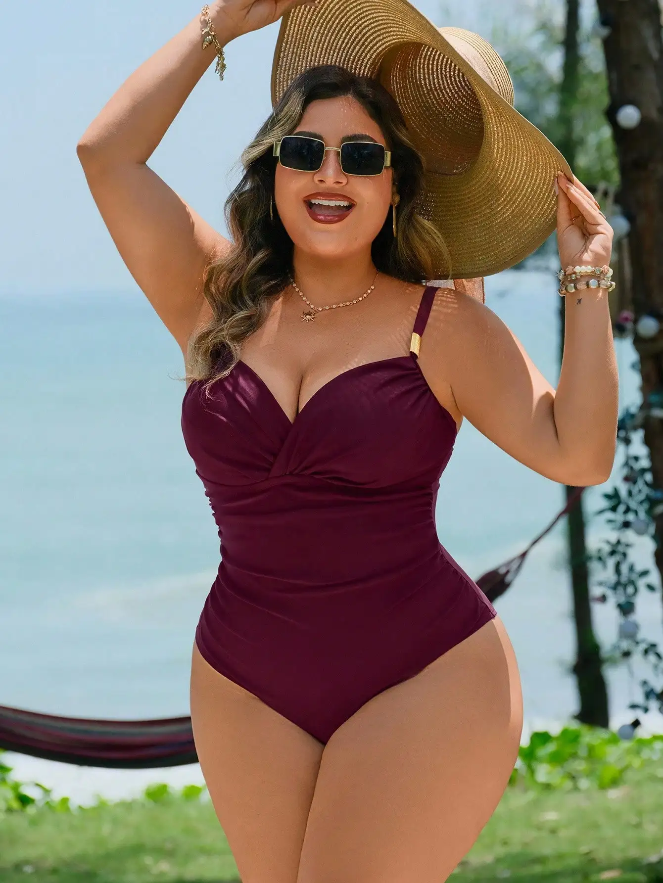 Plus Size Solid Burgundy One Piece Swimsuit With Criss-Cross Waist And Metal Detail