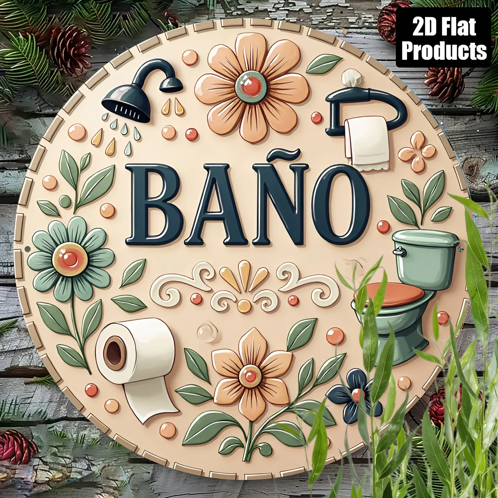 2D flaches, kreisförmiges, dekoratives Schild aus Holz, Toiletten-Blumenmuster, lustiges Holzschild, verbessert den Stil, für den Innenbereich – Detail 1