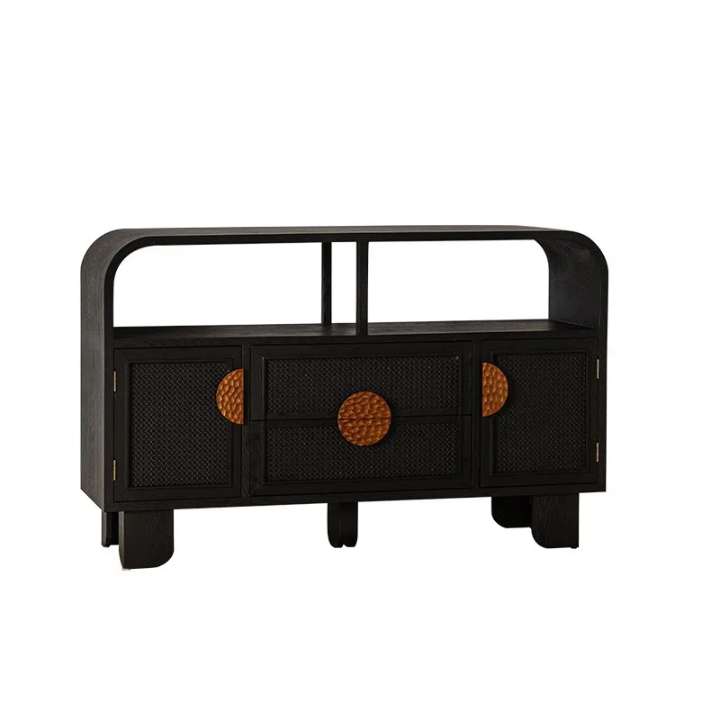 wabi-sabi wind medieval solid wood dining side cabinet, new storage cabinet against the wall, new Chinese-style black rattan