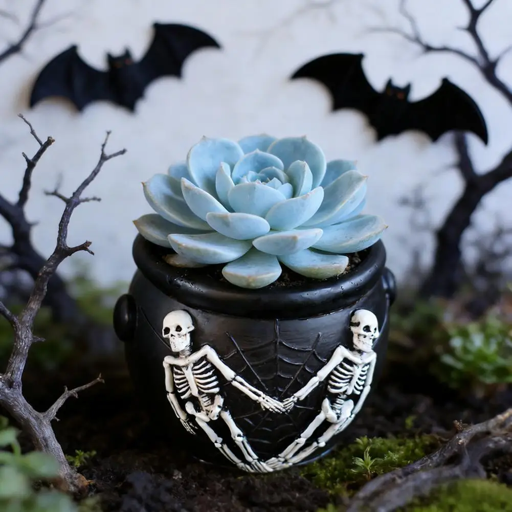 Home Decor Witch Cauldron Planter Halloween Flower Pot Skeleton Spider Web Decorative Plant Pot for Succulents Small Cacti Dark