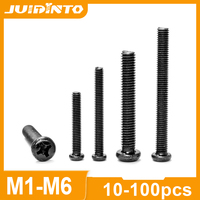 JUIDINTO 10-100pcs Cross Pan Round Head Machine Screw M1 M1.2 M1.7 M2 M2.5 M3 M4 M5 M6 Black Plating Phillips Computer Screw