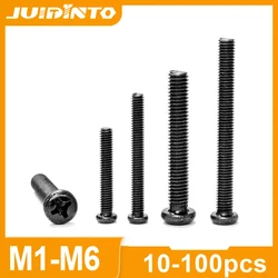 JUIDINTO 10-100pcs Cross Pan Round Head Machine Screw M1 M1.2 M1.7 M2 M2.5 M3 M4 M5 M6 Black Plating Phillips Computer Screw