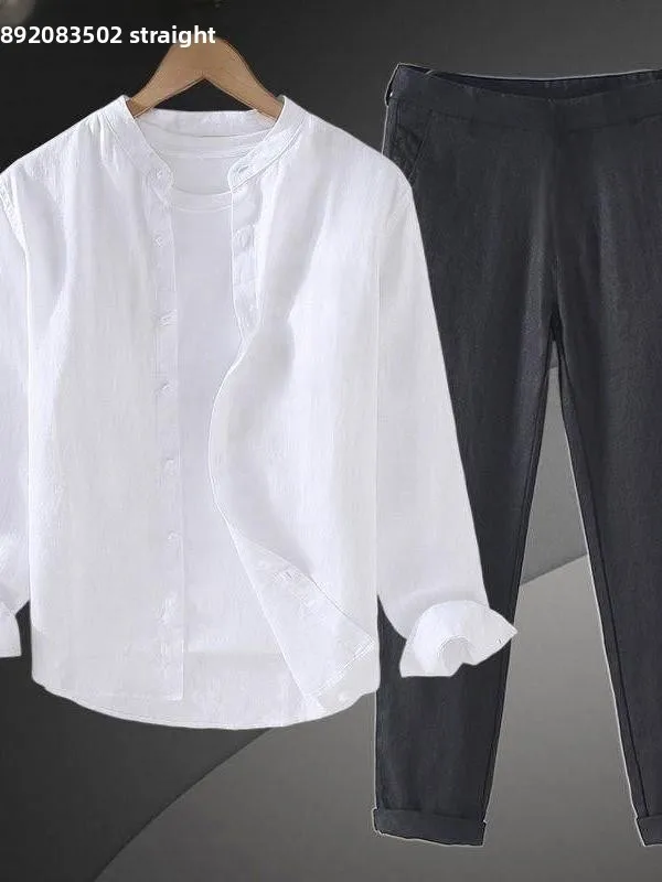 

Linen Cotton Casual Loose Fit Summer Thin Shirt Pants Set for Men Spring Autumn Season Breathable Comfortable Long Sleeve Sta...