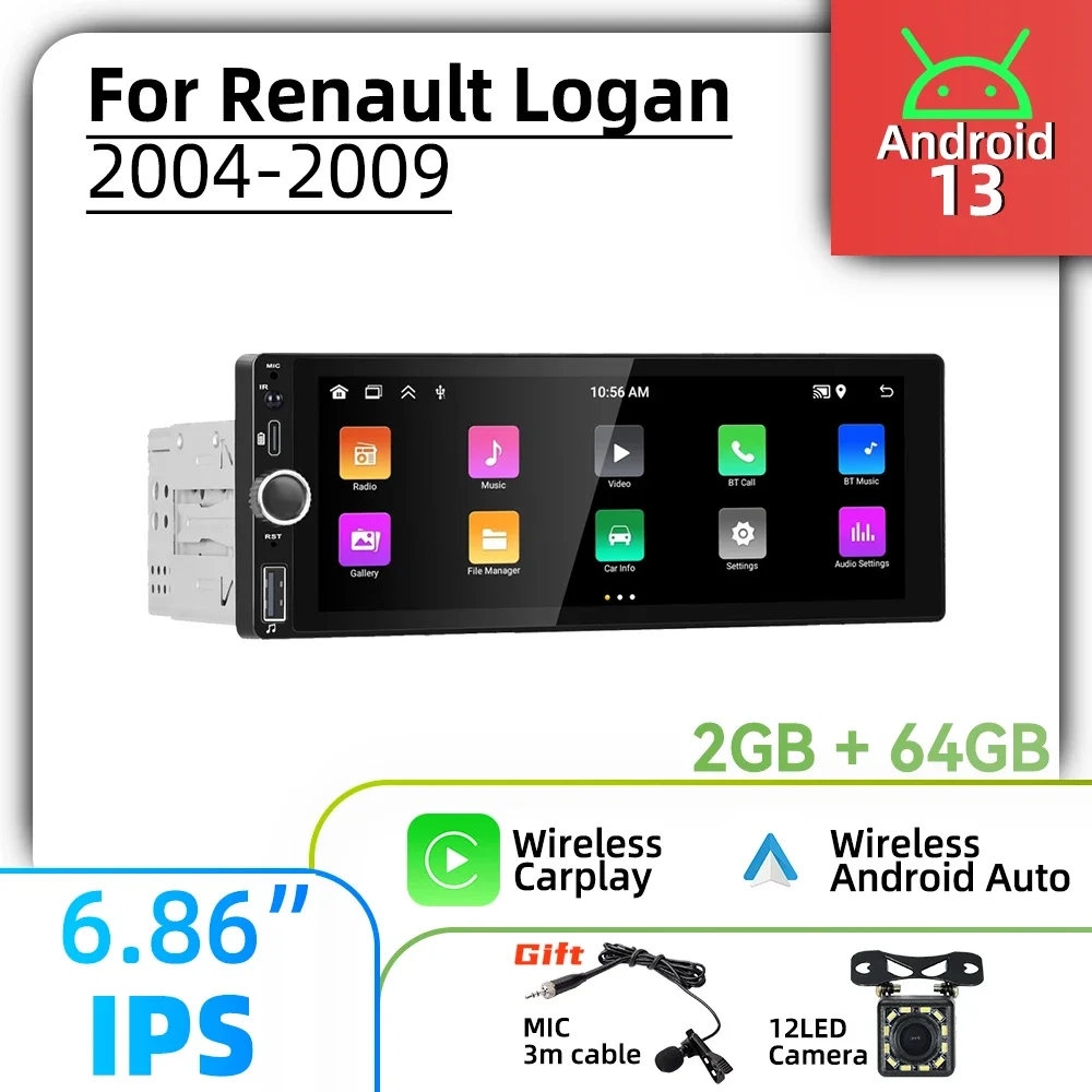 

Для Renault Logan 2004-2009 1-диночное Android-радио Carplay Android Auto 6,86 "экран Стерео Автомобильный мультимедийный головное устройство GPS-навигация