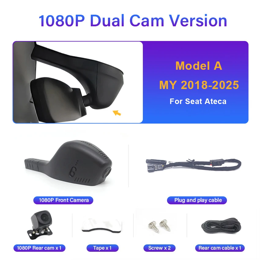 Voor Seat Ateca 2018 ~ 2025 Voor en Achter 4K Plug en Play Dash Cam voor Auto Camera Recorder Dashcam WIFI Auto Dvr Opname Apparaten