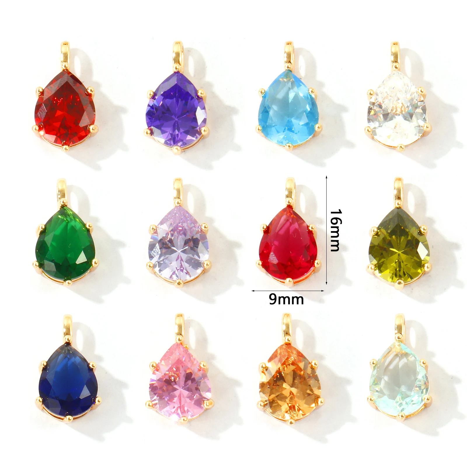 2pcs Multicolor Birthstone Drop Shaped Charms 18K Gold Plated Cubic Zirconia Brass Pendants Women DIY Necklace Jewelry 16x9mm