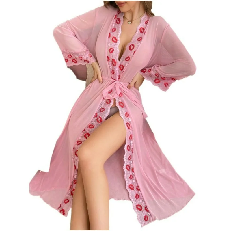 Lace Hollow Out Sexy Red Lips Night Skirt Set Leisure Wrap Dress See-through Solid Color High Waisted Interesting Set