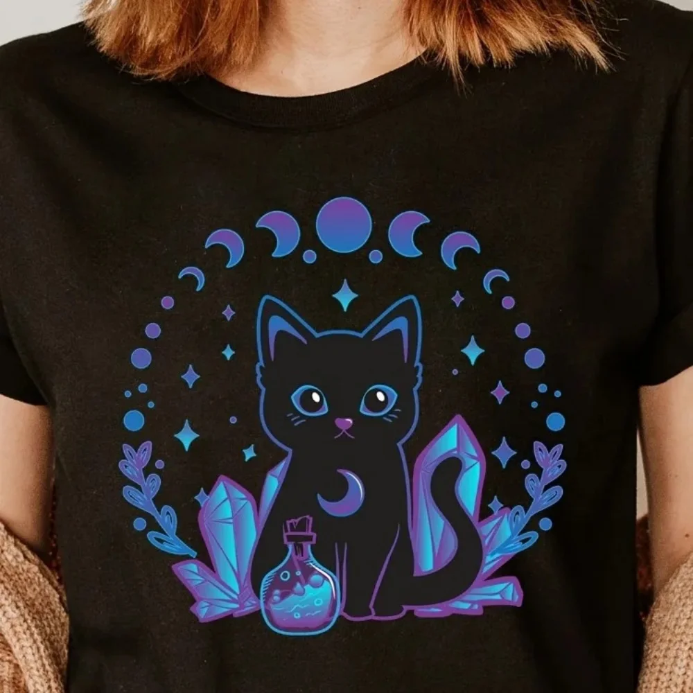 Mystical Cat with Purple Crystals T-Shirt Black Tee Moon Phase Magic Witchy Graphic Short Sleeve Top for Women Men Unisex