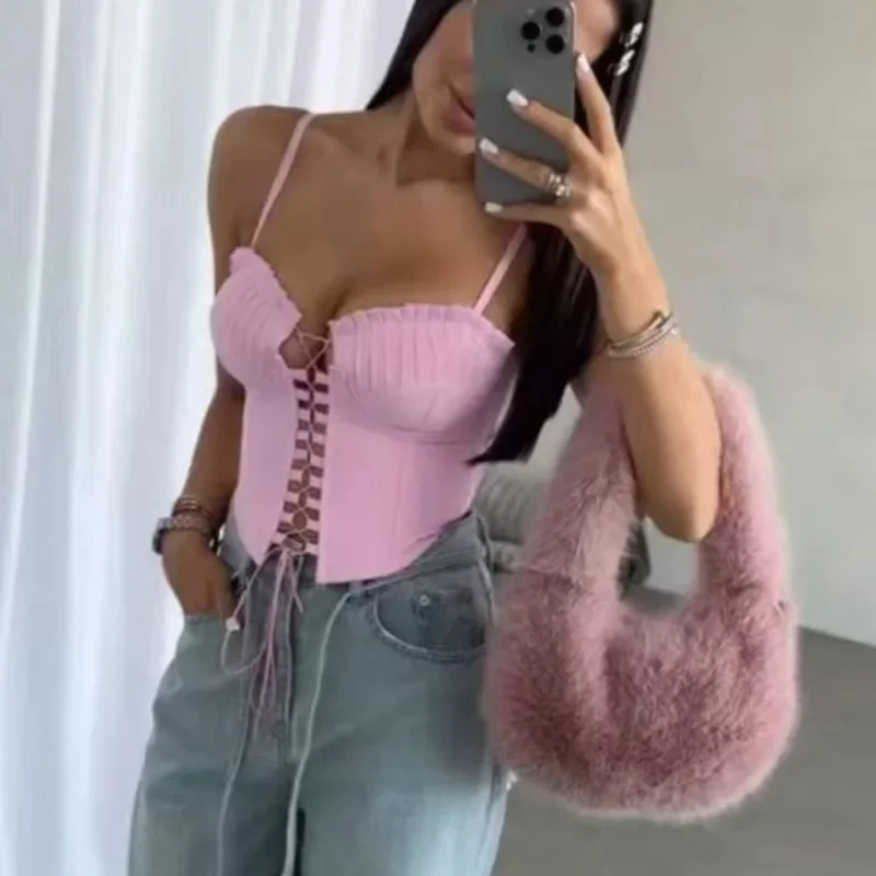 

Beach Y2K Fish Bone Strap Tops&Tees Sleeveless Sexy Splicing Strap Hot Girl Street Shot Interior Top Fish Bone Chest Top Tee New