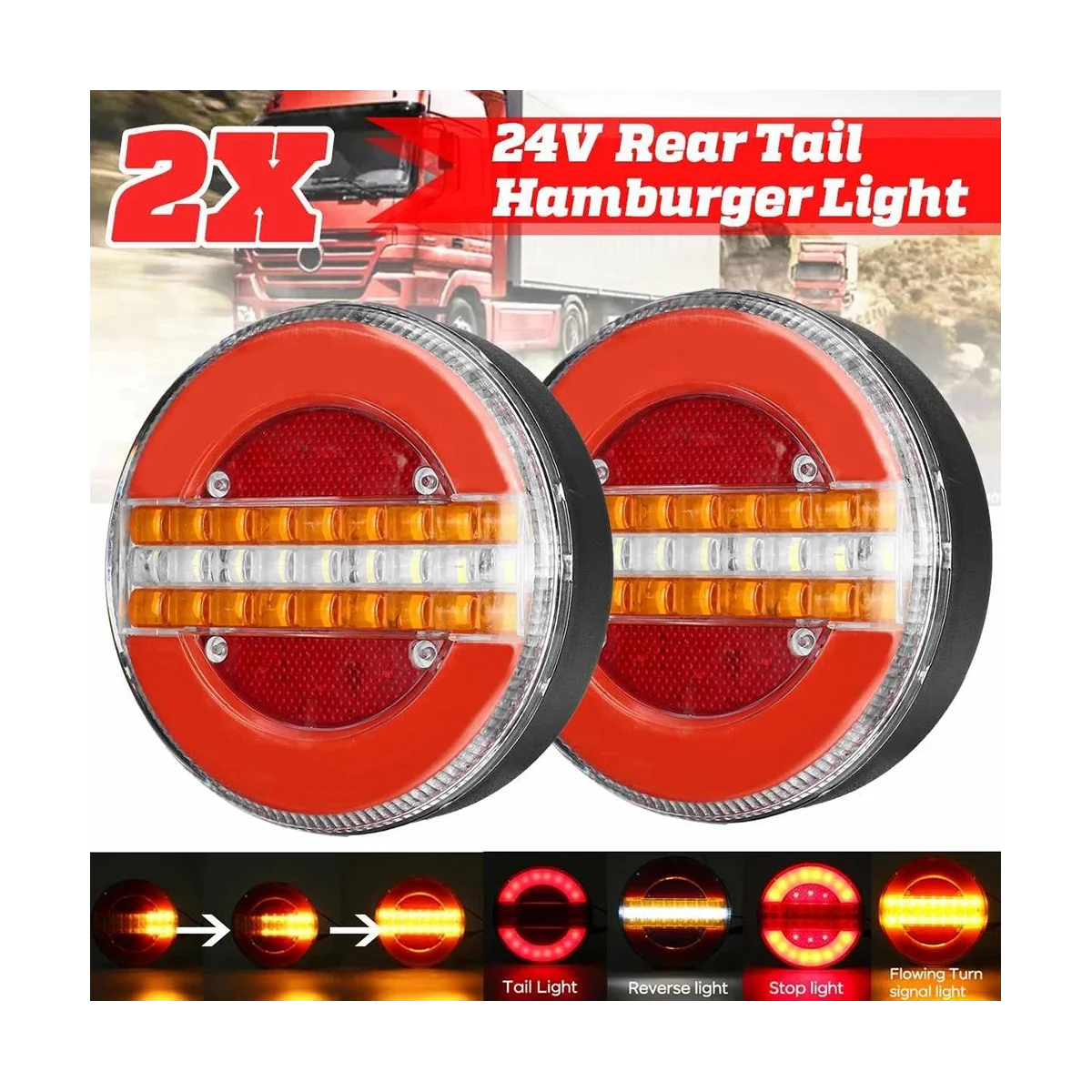 2Pcs 4 Inch Trailer Dynamic Tail Light 24V LED Truck Brake Light LED Round Water Hamburger for Boats, Buses, Caravans