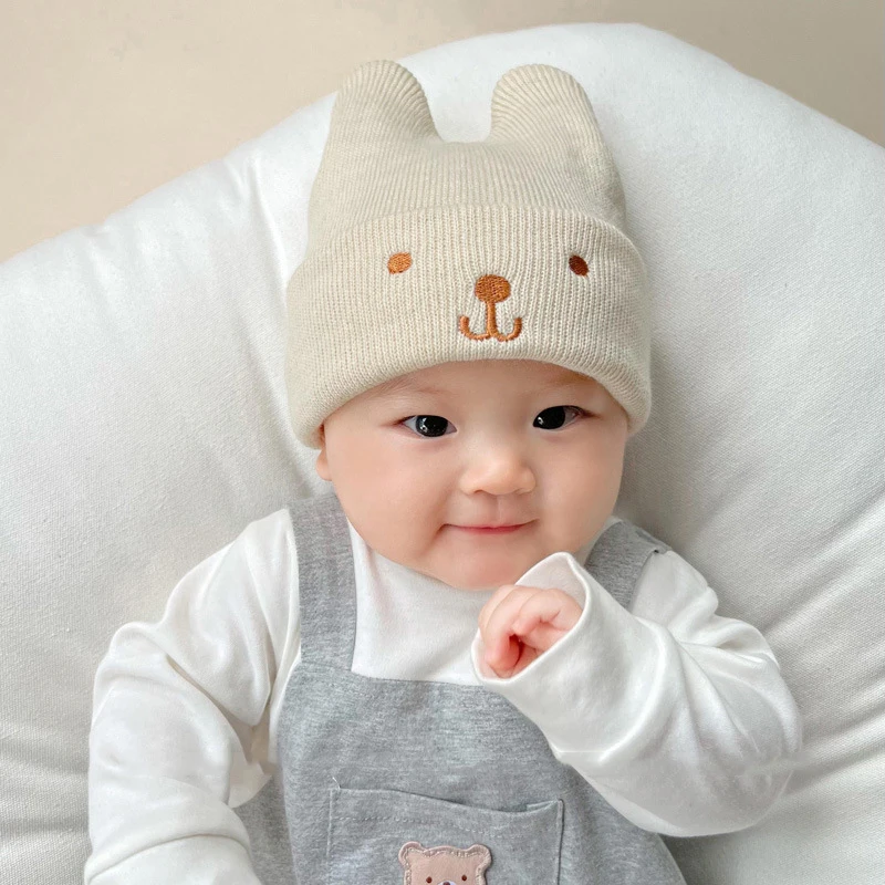 Cute Baby Beanie Cap Autumn Winter Infant Boy Girl Knitted Hat Solid Color Cartoon Embroidered Toddler Kids Warm Hats 아기모자