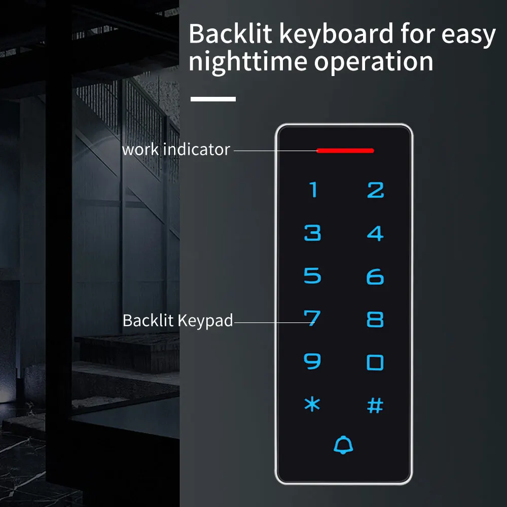 Standalone Backlight Touch Access Control Keypad 125khz 13.56Mhz RFID Proximity Wiegand 26 Access Control Card Reader 2000 Users