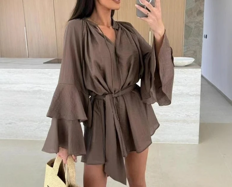 

2025 New Women's V-Neck Irregular Skirt Women's Tie Ruffle Sleeves