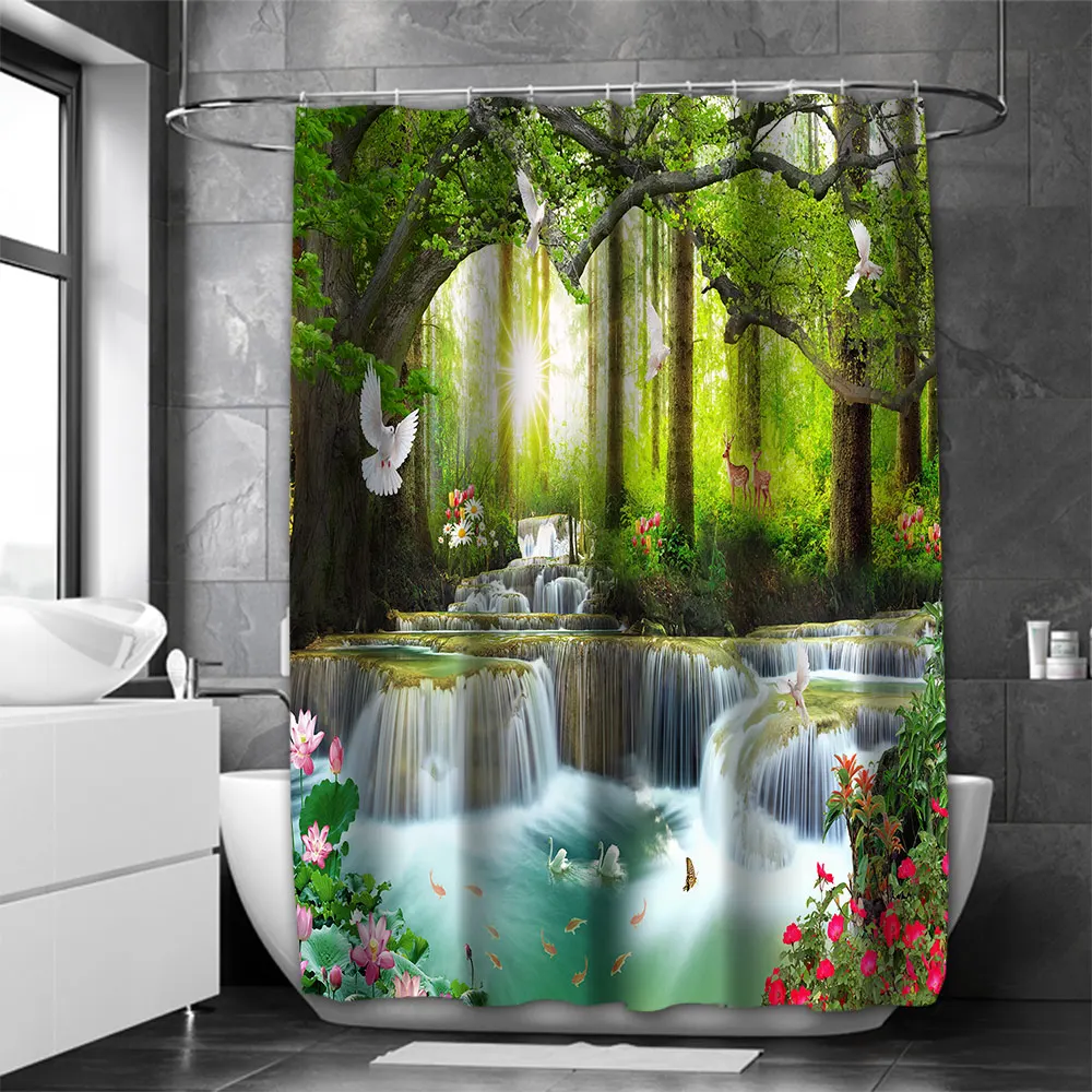 Beautiful Waterfall Bathing Curtain  Bathroom Shower Curtain Waterproof With 12 Hooks Home Deco Free Ship