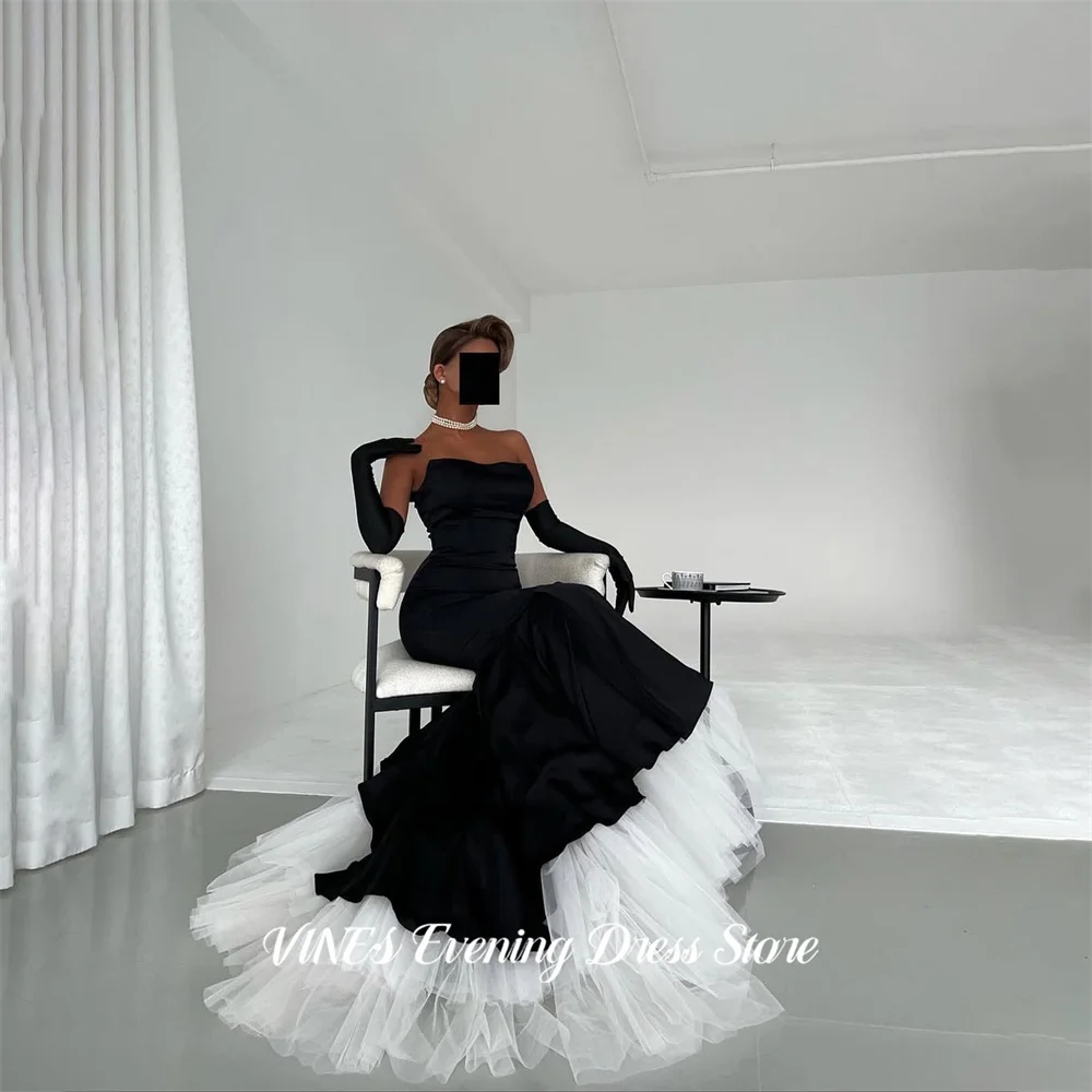 

VINES Black Satin Party Dresses Strapless Prom Dress with Train Evening Dresses Wrap Hips فساتين السهرة Customized