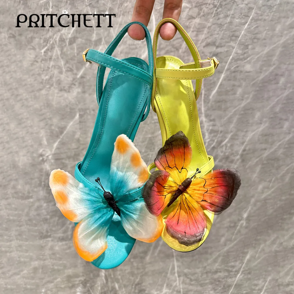 Colorful Three-Dimensional Butterfly Sandals Round Toe Stiletto Heels Ankle Buckle High Heel Sandals Temperament Women's Shoes