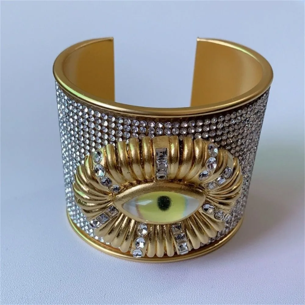 Brazalete abierto ancho exagerado de Metal, pulseras de ojo de demonio de aleación de diamantes de imitación, brazaletes geométricos Punk únicos, regalo para niñas