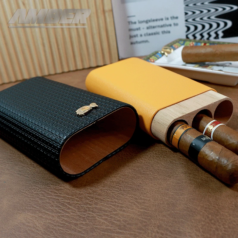 Cigar Case 3- cigars tubes Leather  Travel Portable Humidor with Cedar Wood Lined with Stainless Steel Cigars Cutter