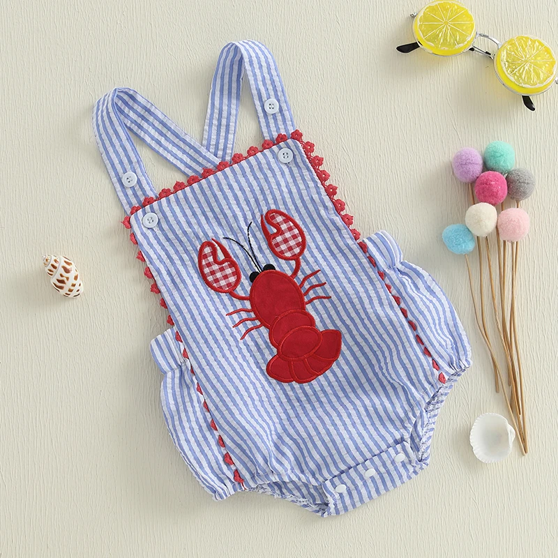 Summer Newborn Baby Boys Overalls Casual Lobster Embroidery Striped Print Sleeveless Romper Jumpsuit Toddler Clothes